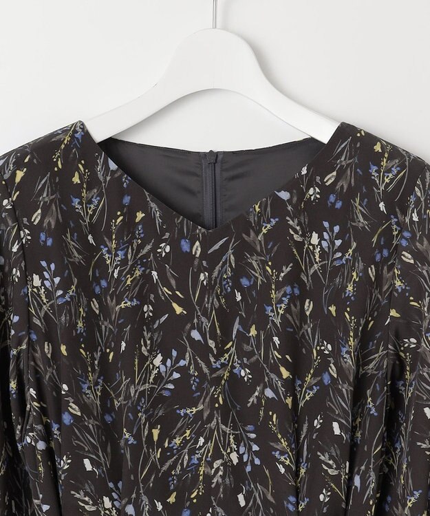 自由区 L 【洗える】ウォーターカラーフラワープリント ワンピース グレー系