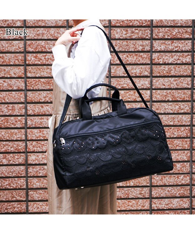 tsumori chisato CARRY スカラップレース ボストンバッグ ショルダーテープ付き 【かわいくて軽い！】 ブラック