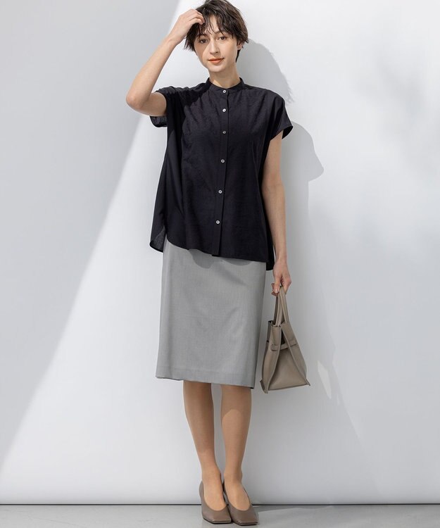 23区 L 【洗える】エンブロイダリー コンビ ブラウス ネイビー系