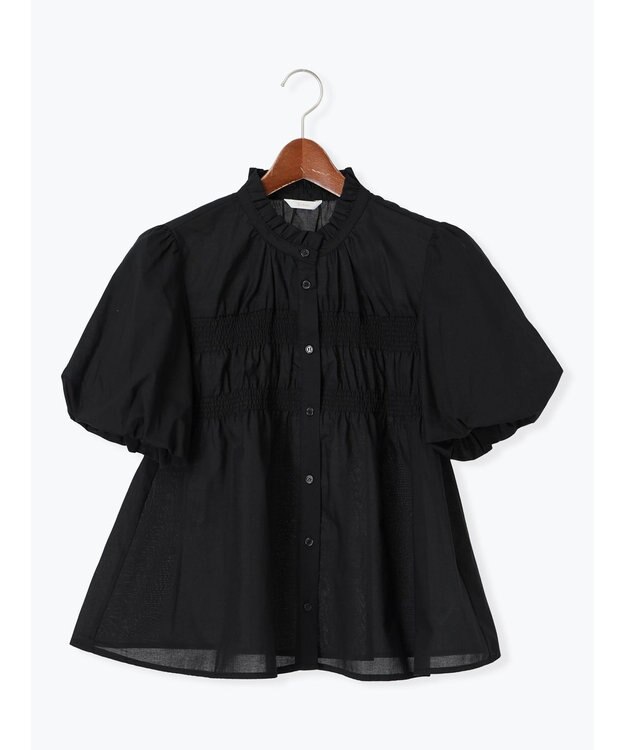 Te chichi スタンドフリル5分袖シャーリングブラウス ブラック