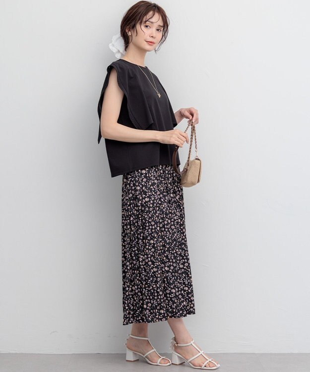 組曲 ギャザーライトデシン パンツ ブラック×ピンクフラワー系