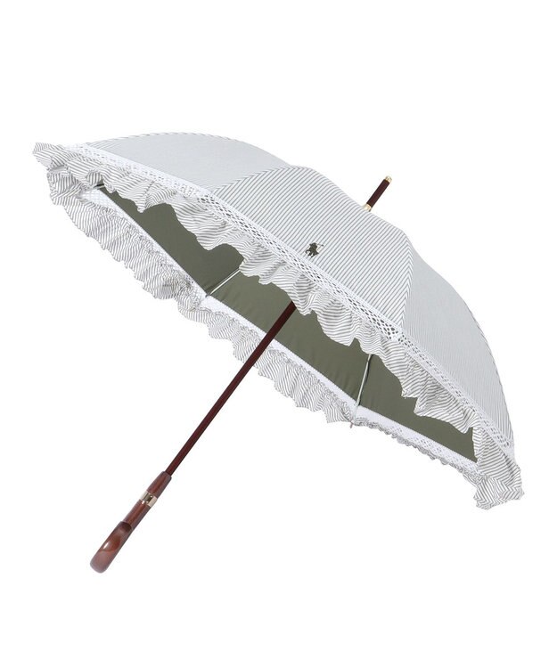 MOONBAT POLO RALPH LAUREN 晴雨兼用日傘 長傘 ストライプフリル／遮光 遮熱 UV カーキー