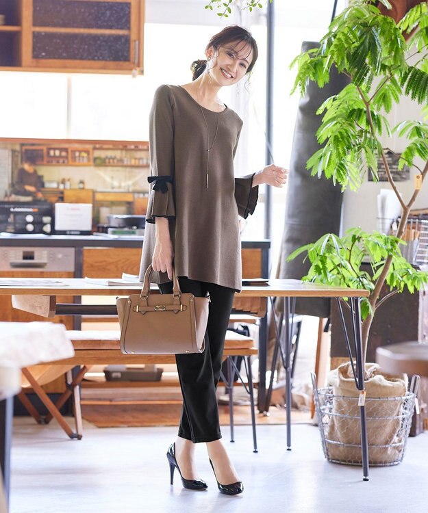 Tiaclasse L 【洗える】ミラノリブ編みのフレア袖ニットチュニック モカブラック