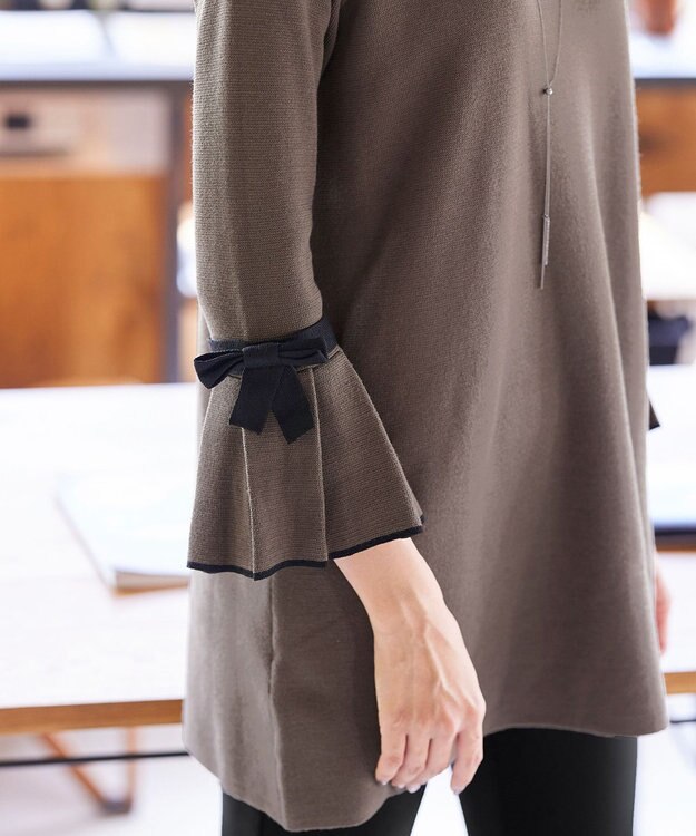 Tiaclasse L 【洗える】ミラノリブ編みのフレア袖ニットチュニック モカブラック