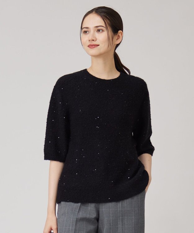 自由区 【アンサンブル対応・洗える】スパンコールプルオーバー ニット ブラック