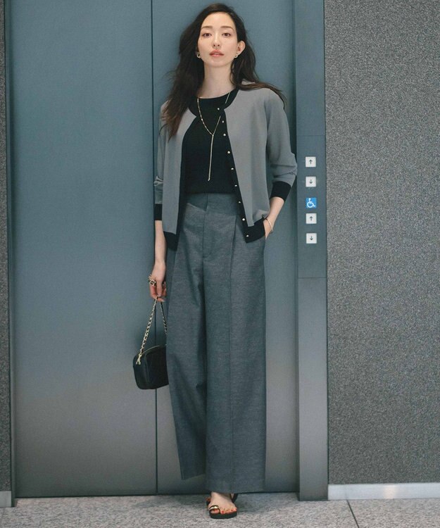 23区 【洗える】レーヨンポリエステルストレッチ 5分袖 ニット ブラック系