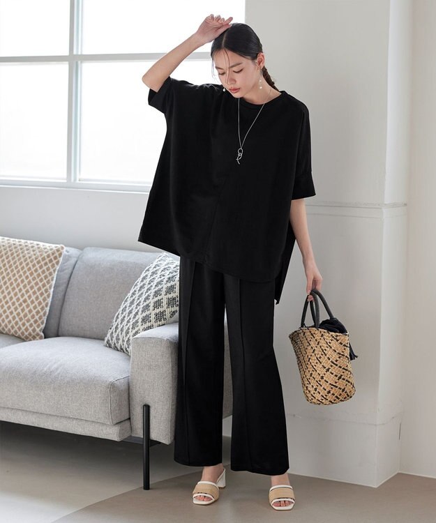 Tiaclasse 【接触冷感・洗える】イージーカットソーピンタックパンツ ブラック