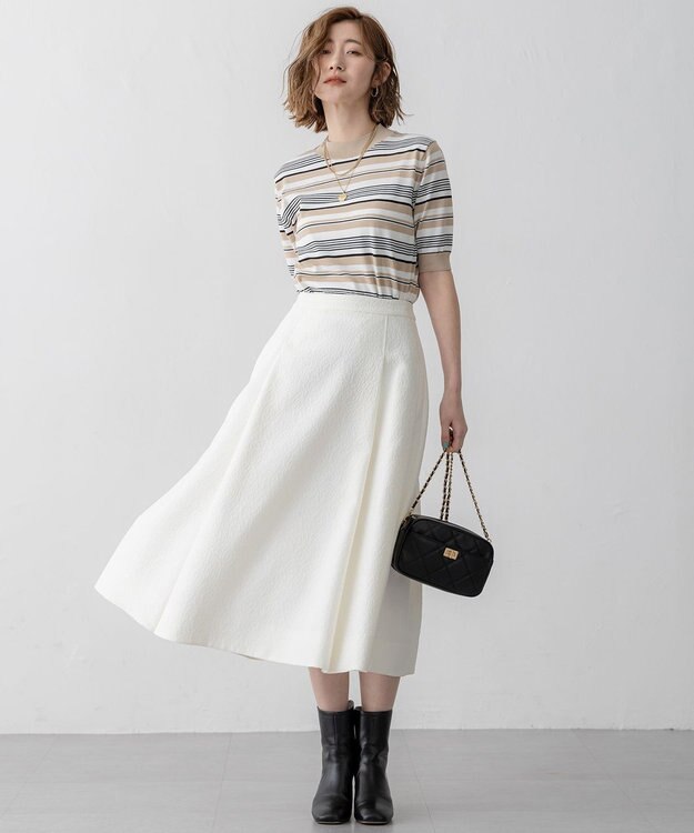 23区 L 【VERY3月号掲載/洗える】プレミアムビオコットン 半袖 マルチボーダー ニット ブラックベース