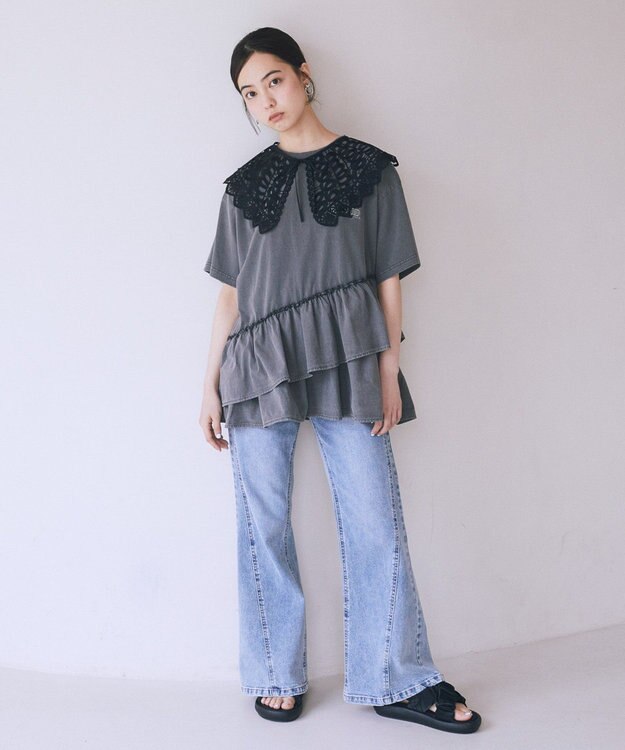 earth music&ecology 異素材ドッキンググラフィックTシャツ Charcoal Gray