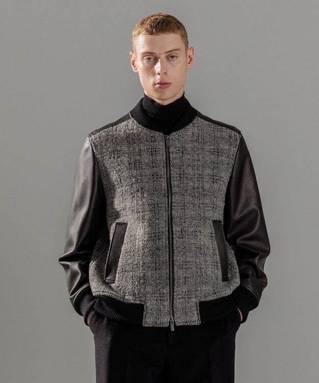 JOSEPH HOMME レザーブロックブークレ　ブルゾン ライトグレー系