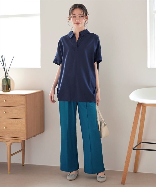 Tiaclasse 【接触冷感・洗える】イージーカットソーピンタックパンツ ブルー