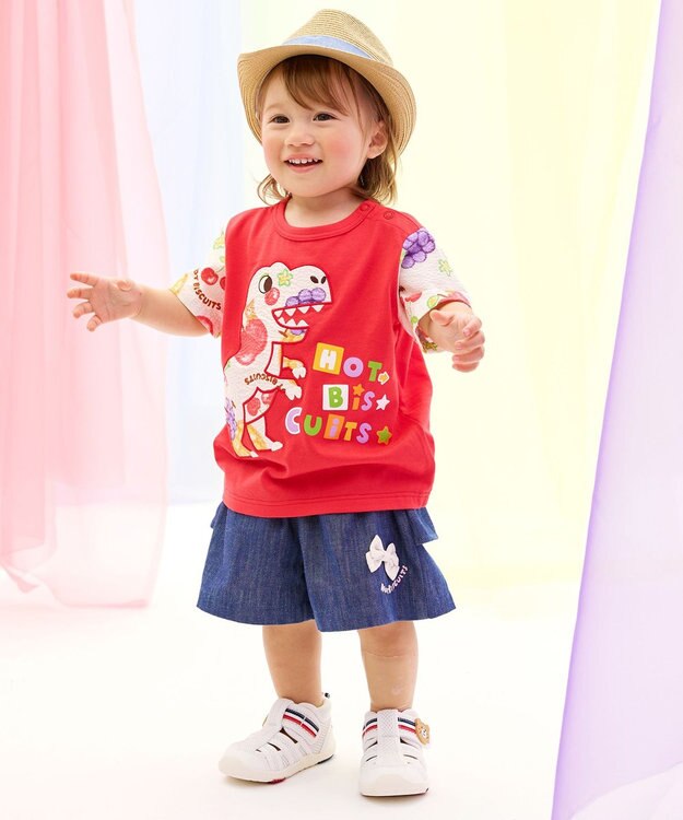 MIKI HOUSE HOT BISCUITS 【ビーンズ×フルーツシリーズ】【80-120cm】恐竜柄 半袖Tシャツ 赤