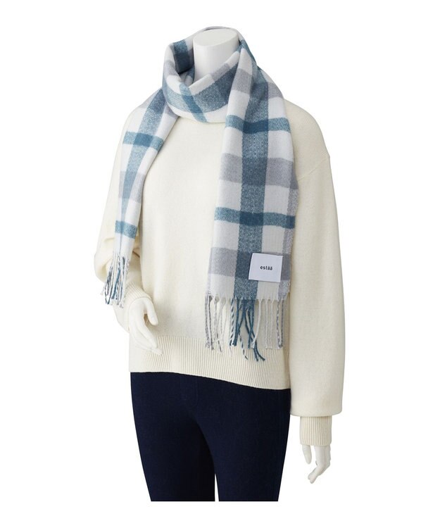 MOONBAT estaa パフィーラメマフラー ビッグチェック／手洗い可 ターコイズブルー