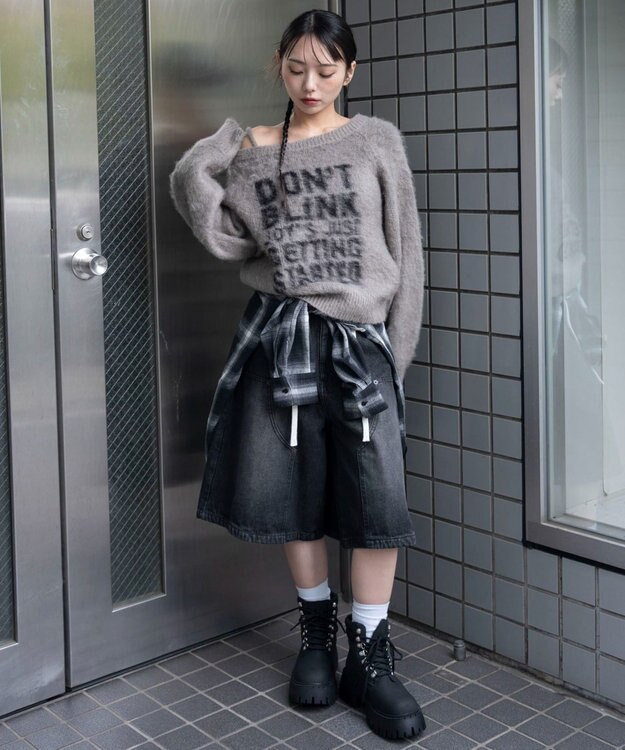 WEGO シャギー2WAYグラフィックワンショルニット グレー