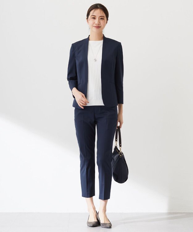 J.PRESS LADIES 【セットアップ対応・洗える・撥水・防汚】コットンFITTYシャーク ノーカラー ジャケット ネイビー系