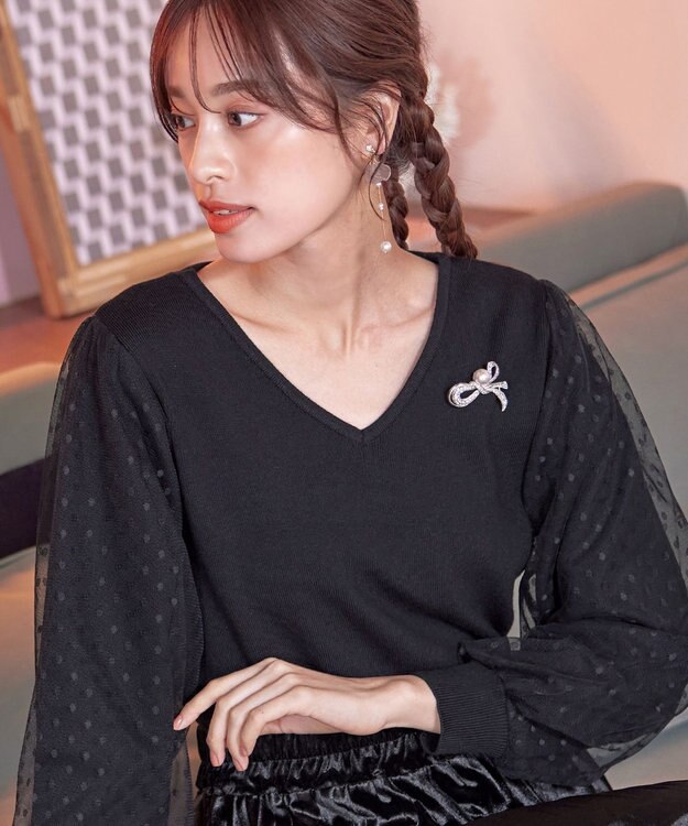 Tiaclasse L 【洗える】ドットチュールコンビニットトップス ブラック