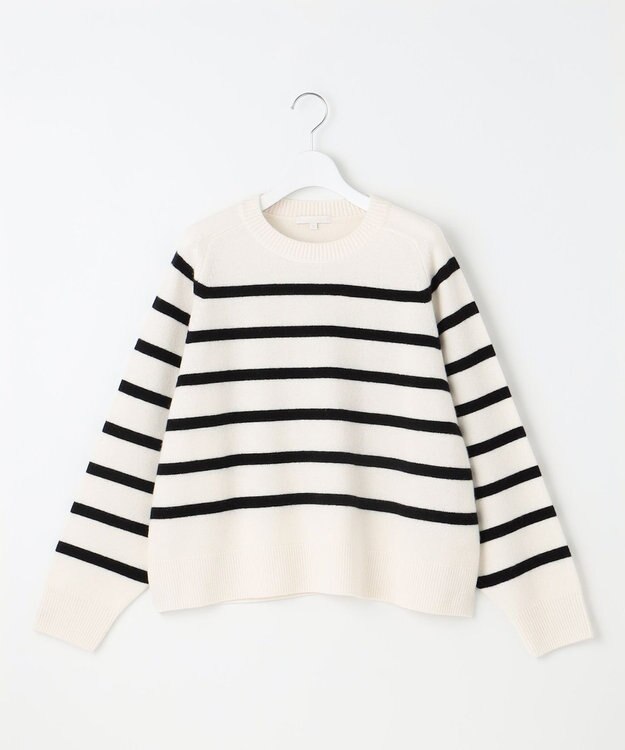 自由区 【洗える】ウールカシミヤブレンドボーダークルーネック ニット オフ×ブラックボーダー