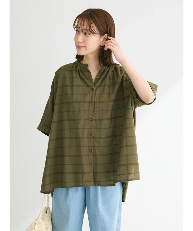 Green Parks インド綿 チェックドビーブラウス Khaki