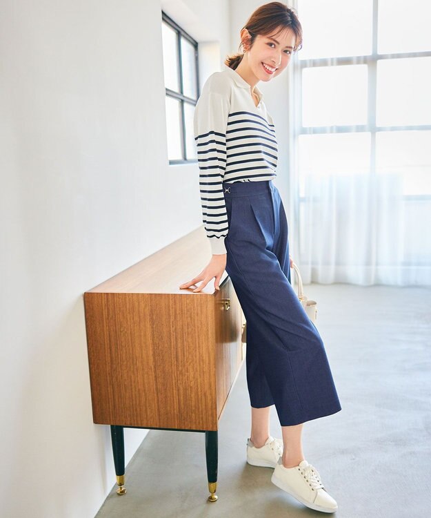 ANY SIS 【洗える】スキッパーポロ襟プルオーバー ニット オフ×ネイビー