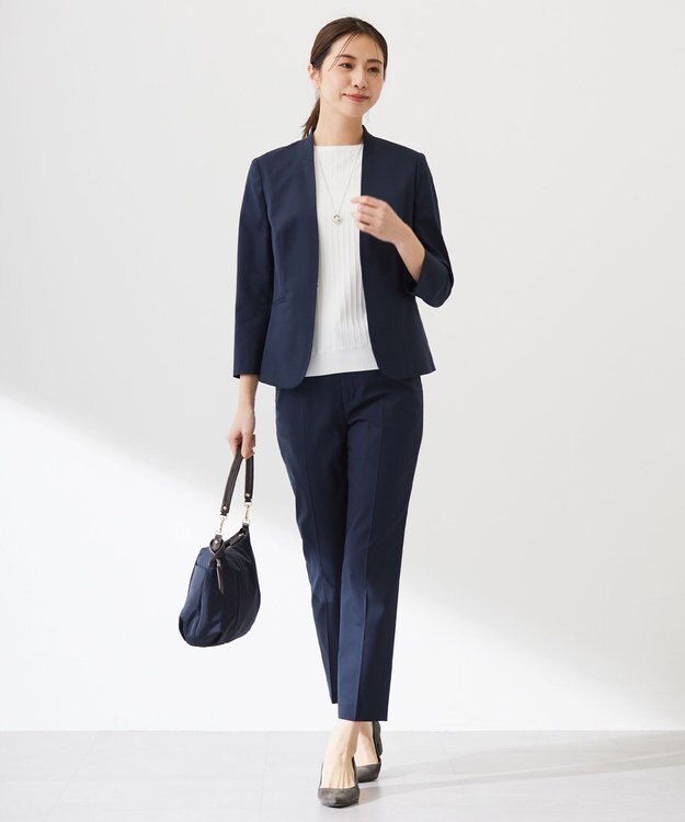 J.PRESS LADIES 【セットアップ対応・洗える・撥水・防汚】コットンFITTYシャーク ノーカラー ジャケット ネイビー系