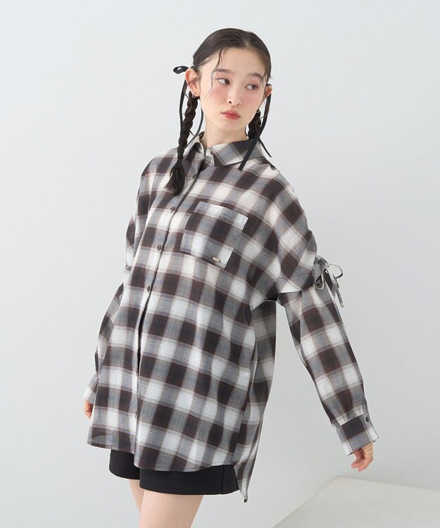 earth music&ecology 【2WAY】２ｗａｙショルダードロストリボンチェックシャツ Brown