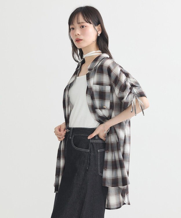 earth music&ecology 【2WAY】２ｗａｙショルダードロストリボンチェックシャツ Brown