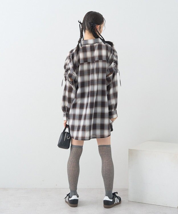 earth music&ecology 【2WAY】２ｗａｙショルダードロストリボンチェックシャツ Brown