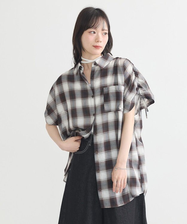earth music&ecology 【2WAY】２ｗａｙショルダードロストリボンチェックシャツ Brown