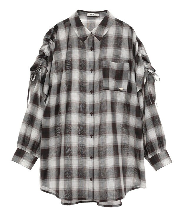 earth music&ecology 【2WAY】２ｗａｙショルダードロストリボンチェックシャツ Brown