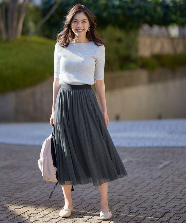 ANY 【ウエストゴム】プリーツチュールスカート チャコール