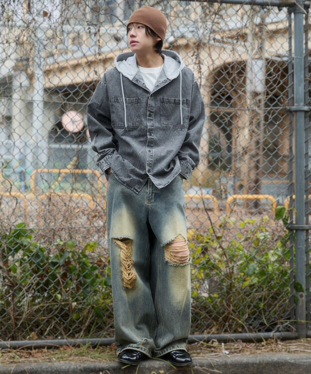 WEGO デニムフードシャツ（LS） デニムブラックソノタ