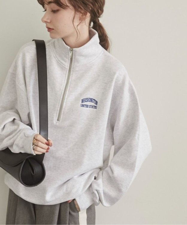 WEGO 【ANGIE VINTAGE】ワンポイント刺繍ハーフZIPスウェットプルオーバー ライトグレー