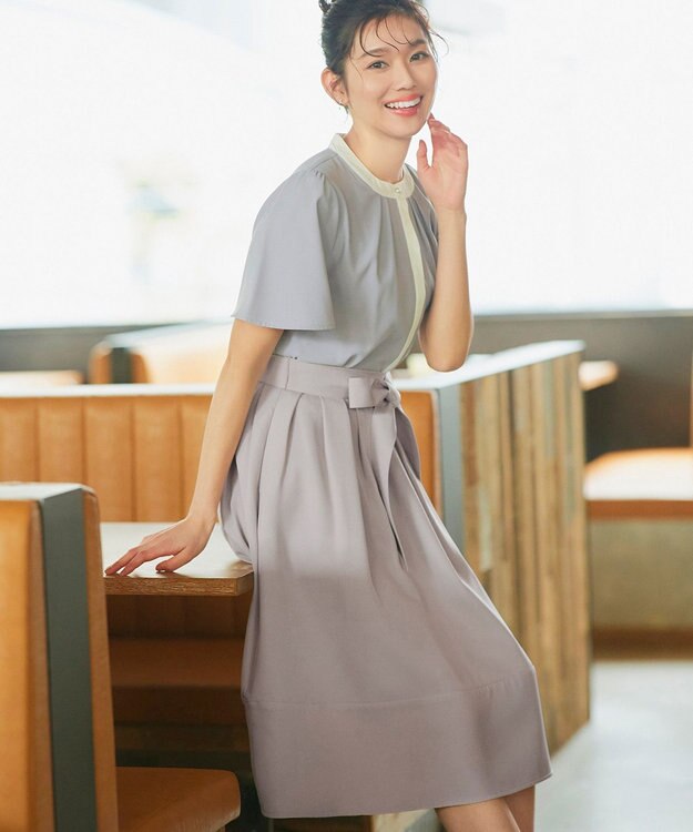 Tiaclasse L 【洗える】リボン付きフレアスカート グレージュ
