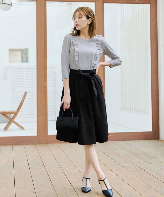 Tiaclasse L 【洗える】リボン付きフレアスカート ブラック