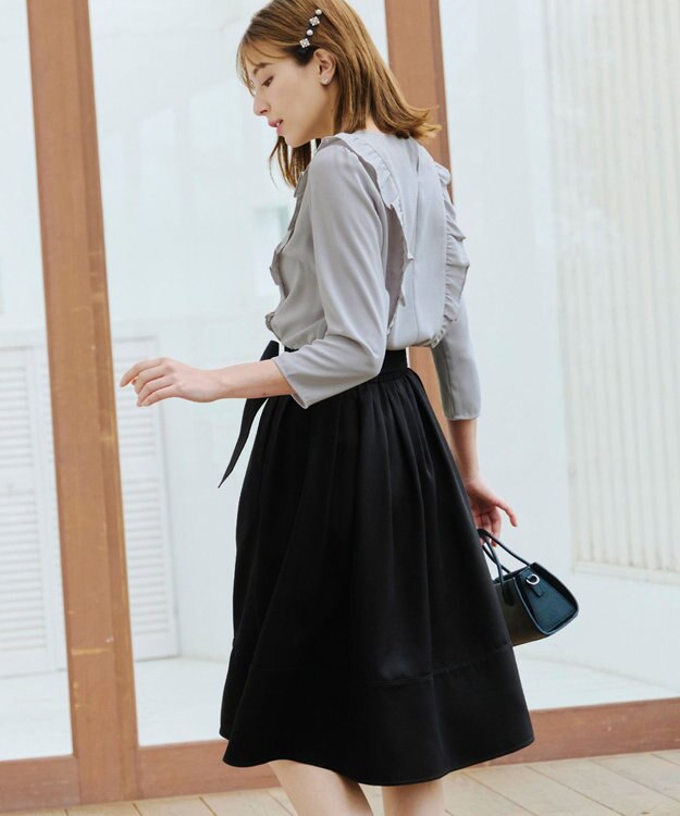Tiaclasse L 【洗える】リボン付きフレアスカート ブラック