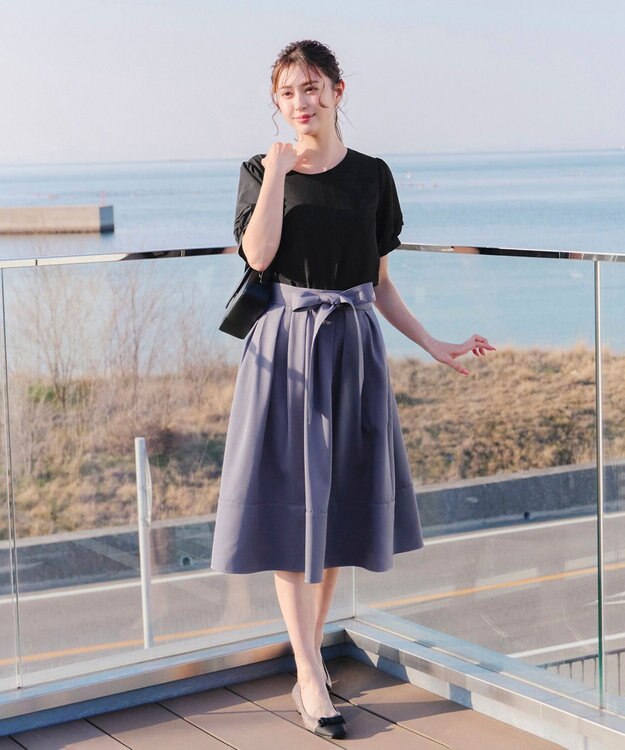 Tiaclasse L 【洗える】リボン付きフレアスカート ブルー