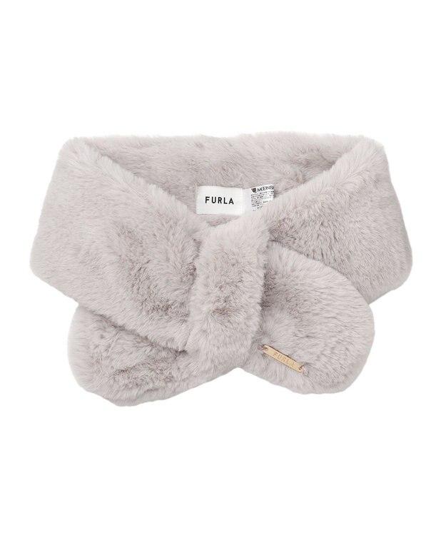 MOONBAT FURLA ファーティペット 差し込み ロゴプレート付 フェイクファーマフラー ライトグレー