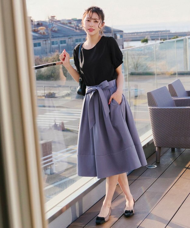 Tiaclasse L 【洗える】リボン付きフレアスカート ブルー