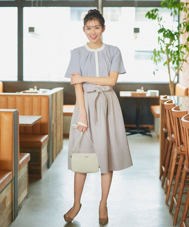 Tiaclasse L 【洗える】リボン付きフレアスカート グレージュ