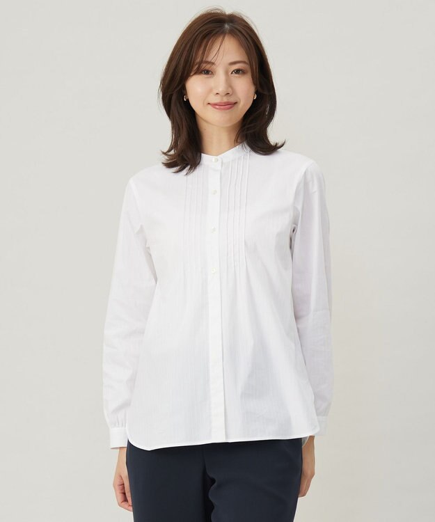 J.PRESS LADIES S 【洗える】BEZコットンナイロン ストライプ ピンタック ブラウス ホワイトドビー系1