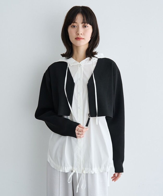 YECCA VECCA ZIPニットレイヤードフーディーシャツ Black