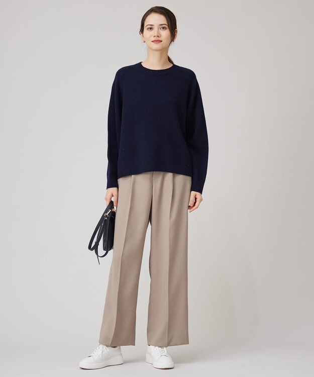 自由区 L 【洗える】ウールカシミヤブレンドラメスパンコールクルーネック ニット ネイビー×ブラック