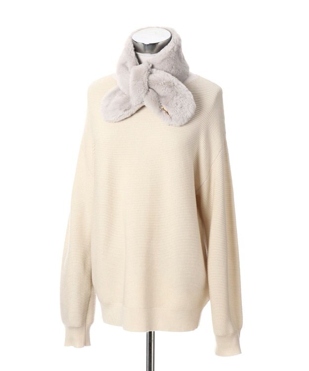 MOONBAT FURLA ファーティペット 差し込み ロゴプレート付 フェイクファーマフラー ライトグレー