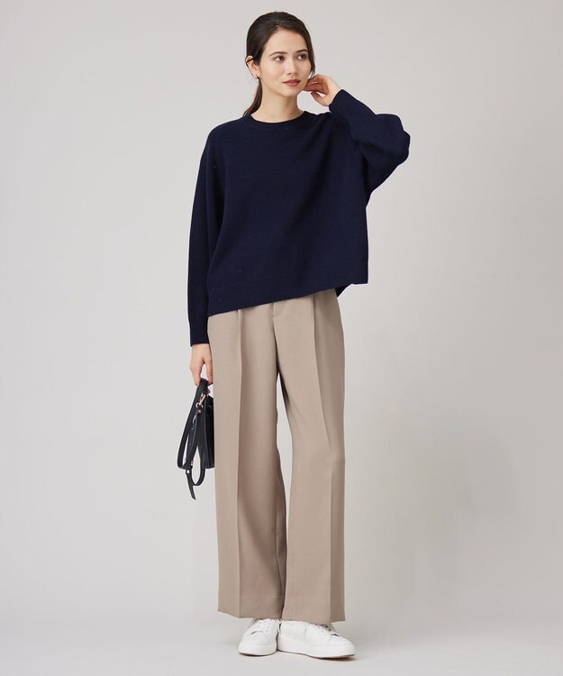 自由区 L 【洗える】ウールカシミヤブレンドラメスパンコールクルーネック ニット ネイビー×ブラック