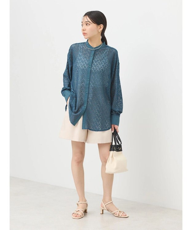 earth music&ecology レースバンドカラーシャツ Green