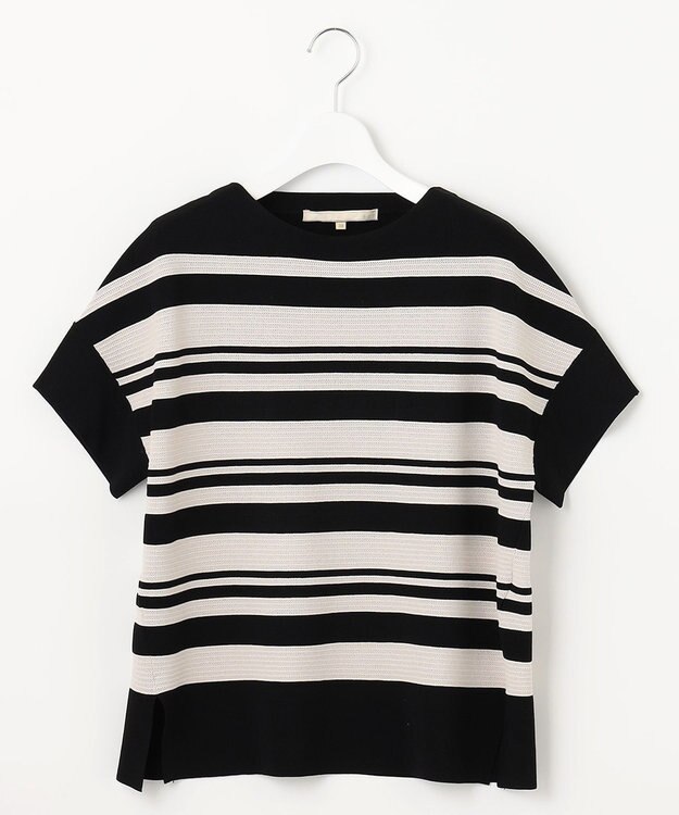 自由区 【洗える】クレープストレッチボーダー ニット ライトトープ系1