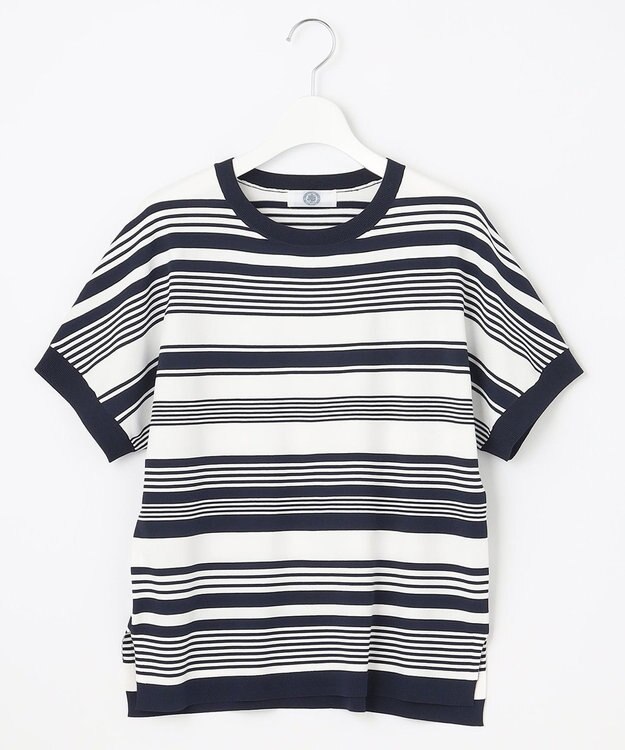 J.PRESS LADIES 【洗える】 レーヨンエリートストレッチ ランダムボーダー ニット Tシャツ ネイビー系1