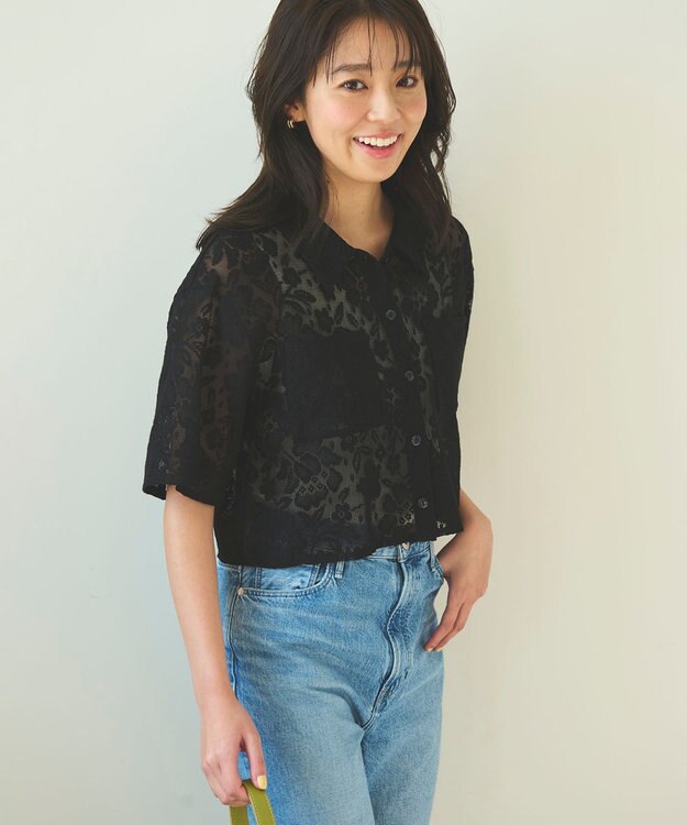 Feroux 【洗える】フラワーレース シャツ ブラック系