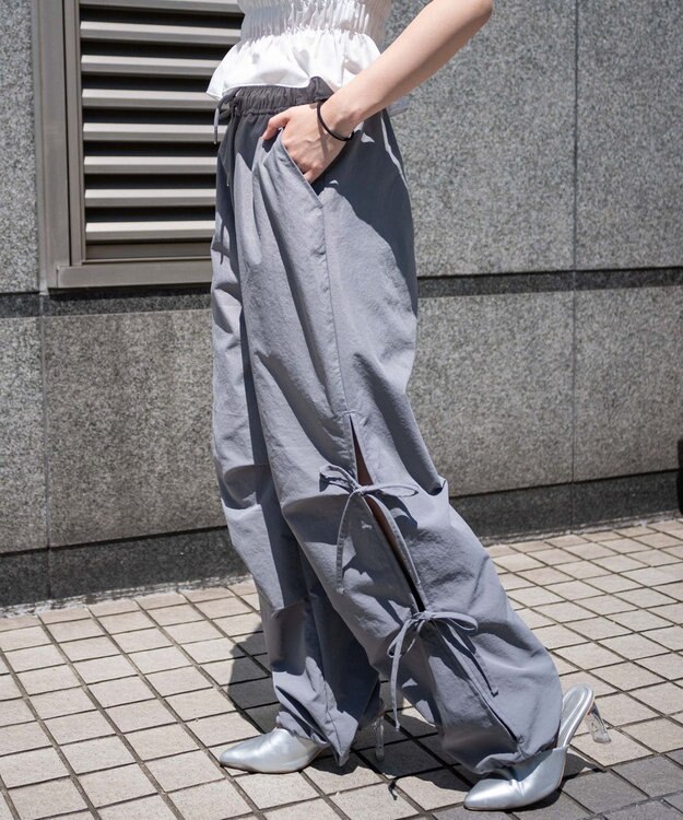 WEGO 【ウエストゴム】サイドリボンパラシュートパンツ グレー