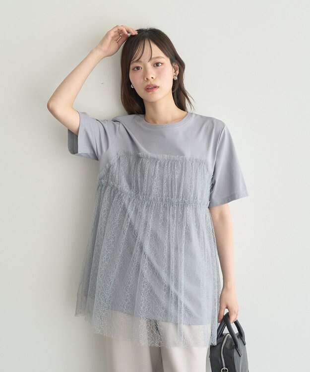 earth music&ecology ニュアンス柄レースドッキングプルオーバー Grayish Blue